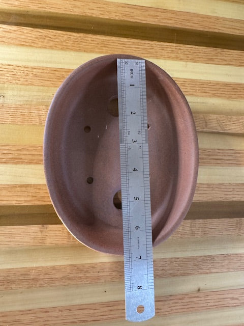 7" shallow unglazed wood fired oval bonsai pot
