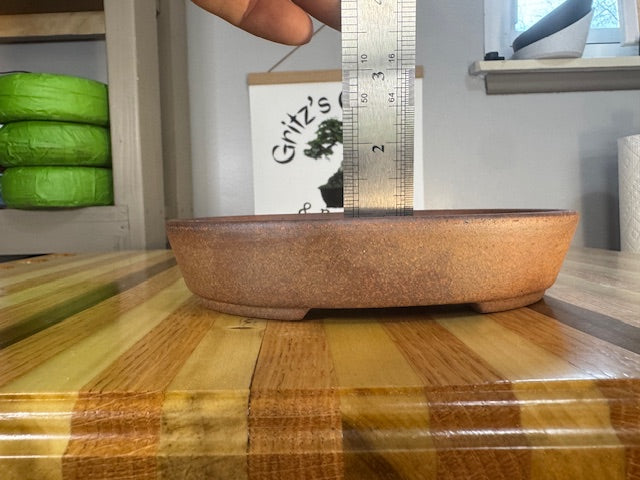 7" shallow unglazed wood fired oval bonsai pot