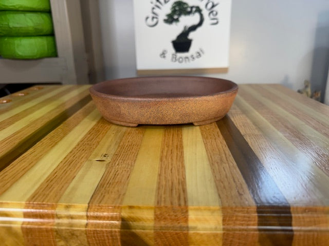 7" shallow unglazed wood fired oval bonsai pot